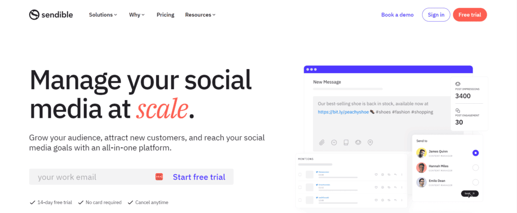 Sendible expert review and a free trial page.